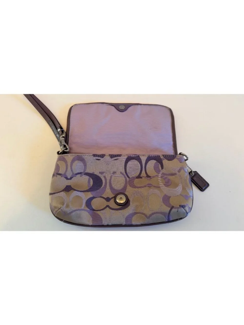 Coach Large Flap Wristlet Clutch Beige & Purple Signature C Logo Pattern